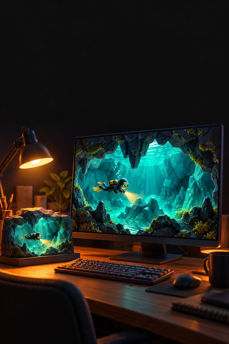 Mesa de criação com uma cena 3D de caverna no monitor